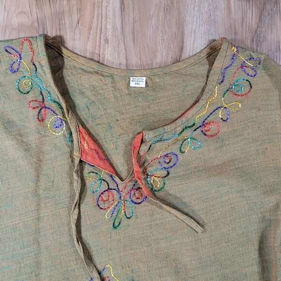 🔹️Orange & Olive Multicolor Embroider Print & Tie Sleeve Kurta/Swim Coverup - Picture 3 of 10